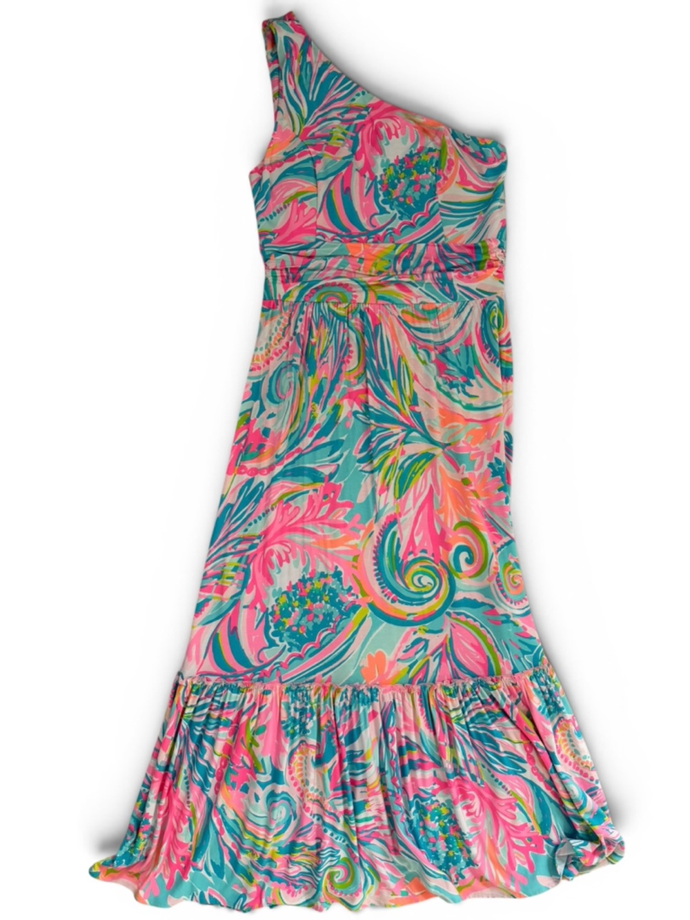 Lilly Pulitzer Mooney One-Shoulder Maxi Dress in Pink Multicolor Swirl M - Picture 8 of 10